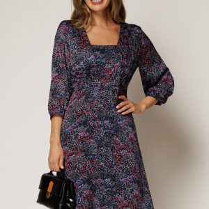 Rochie midi neagra de zi din voal cu imprimeuri fucsia bleu