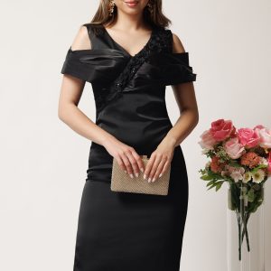 Rochie midi neagra din satin cu paiete la bust si manecute lasate pe umeri- Leonard Collection