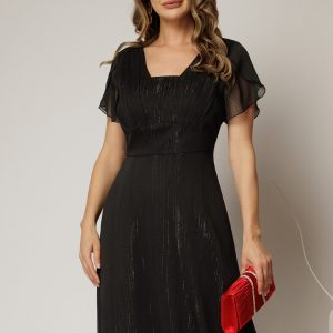 Rochie midi neagra din voal cu fir lurex si maneci scurte petrecute