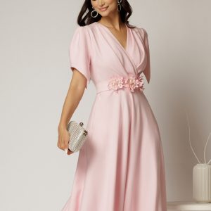 Rochie midi roz de ocazie cu pliuri pe bust si cordon detasabi cu flori