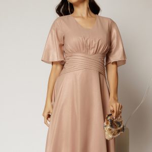 Rochie midi roz de ocazie din voal cu sidef si decolteu in V