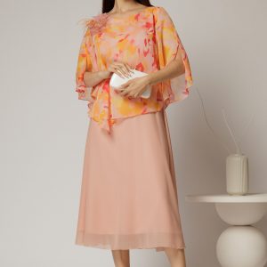 Rochie midi roz somon cu voal cu imprimeuri oranj