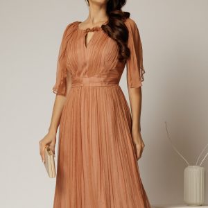 Rochie midi roz somon din matase cu detaliu floral si decolteu V
