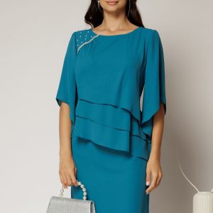 Rochie midi turcoaz de ocazie cu croi drept si perle la decolteu