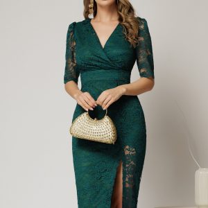 Rochie midi verde de ocazie din dantela conica si decolteu petrecut