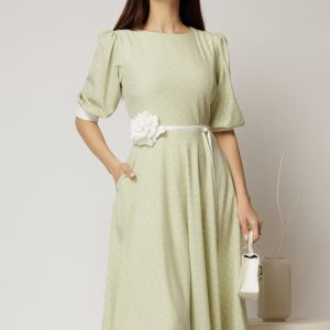Rochie midi verde fistic cu buline si cordon detasabil in talie