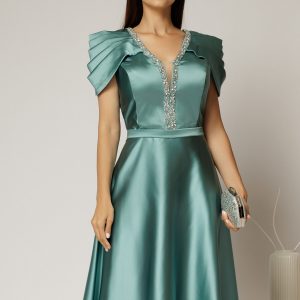 Rochie midi verde mint din tafta cu aplicatii la decolteu si pliuri la maneci