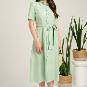 Rochie midi verde mint din viscoza in clos cu aspect sidefat si cordon in talie
