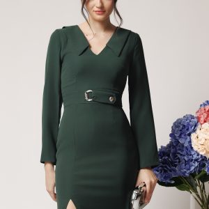 Rochie Moze office din stofa verde cu catarama in talie