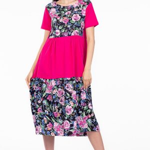 Rochie fucsia cu platca si doua volane, imprimeu trandafiri, din bumbac