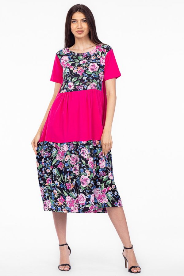Rochie fucsia cu platca si doua volane, imprimeu trandafiri, din bumbac