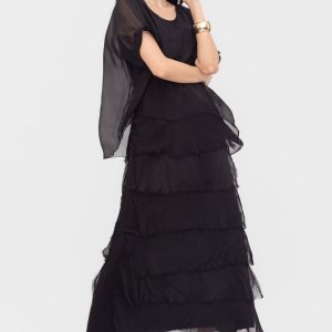 Rochie neagra din matase si vascoza cu  volane franjurate suprapuse