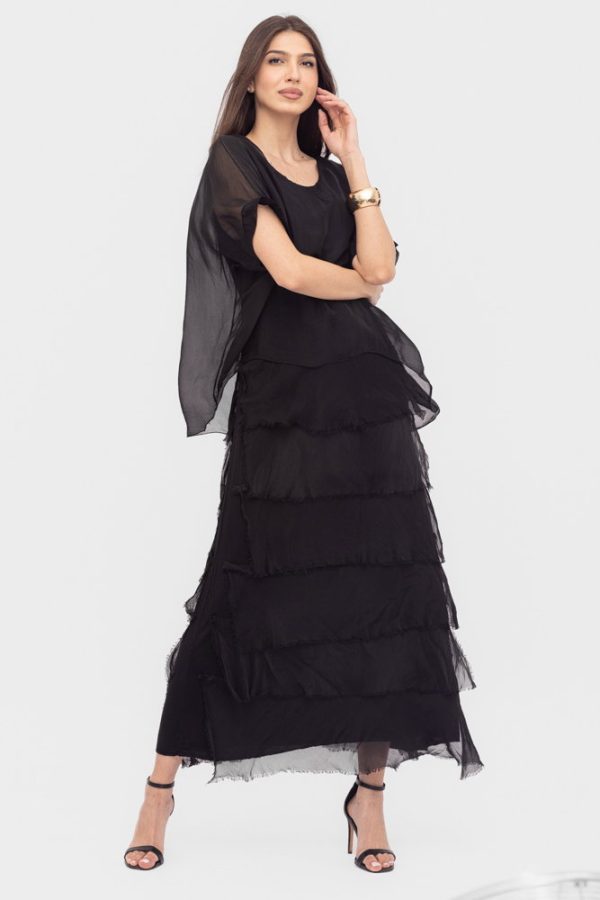 Rochie neagra din matase si vascoza cu  volane franjurate suprapuse