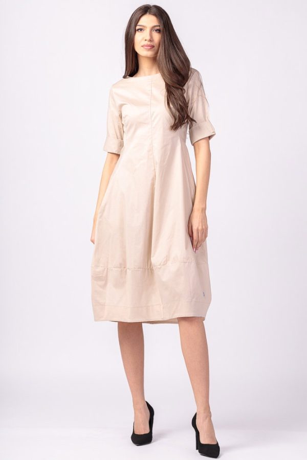 Rochie bej, lalea, cambrata, cu fermoar, din poplin de bumbac