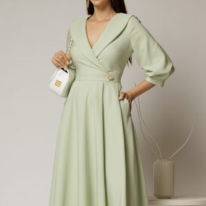 Rochie office de ocazie din stofa verde fistic cu bust petrecut si rever