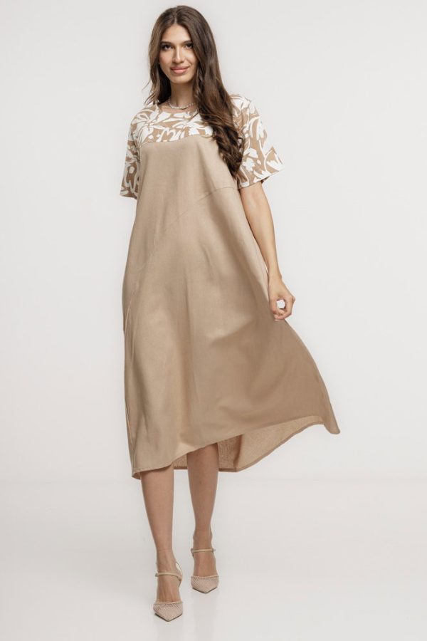 Rochie din in mercerizat si vascoza, cu croi lejer si design minimalist bej cu platca mica imprimata
