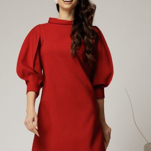 Rochie rosie cu maneci bufante si guler maxi