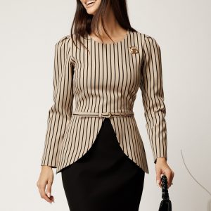 Rochie scurta bej cu dungi din stofa cu peplum in talie si fusta neagra