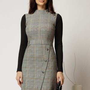 Rochie scurta in carouri gri cu nasturi pe fusta