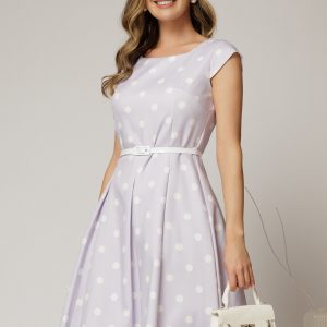 Rochie scurta lila in clos cu buline si curtea in talie