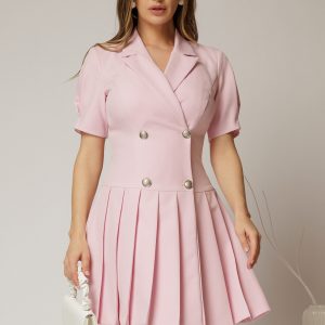 Rochie scurta roz tip sacou cu pliuri pe fusta
