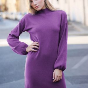 Rochie scurta tricotata cu maneca bufanta, mov
