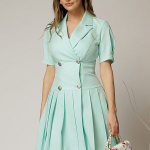 Rochie scurta turcoaz tip sacou cu pliuri pe fusta