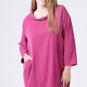 Rochie scurta mov zmeura cu guler intors si buzunare