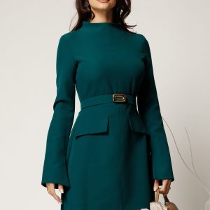 Rochie scurta verde din stofa cu clapete tip buzunare si curea in talie