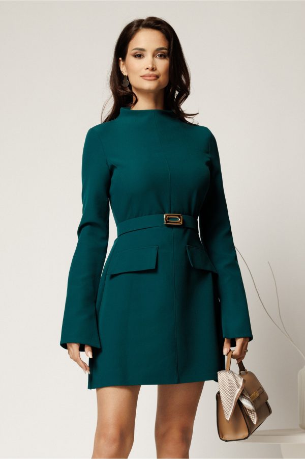Rochie scurta verde din stofa cu clapete tip buzunare si curea in talie