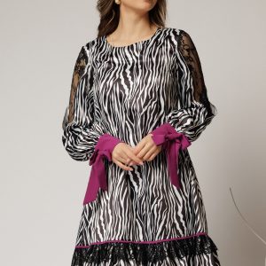 Rochie scurta zebra print din satin cu detalii mov