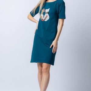 Rochie din tricot de bumbac turcoaz cu doua pisici aplicate pe piept