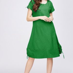 Rochie uni  A line  din in mercerizat si vascoza cu sireturi laterale, verde deschis