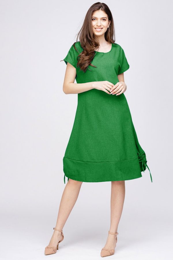 Rochie uni  A line  din in mercerizat si vascoza cu sireturi laterale, verde deschis