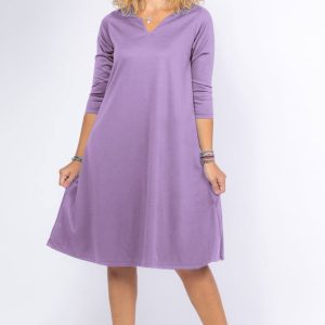 Rochie uni lila  A line  midi, cu decolteu traditional