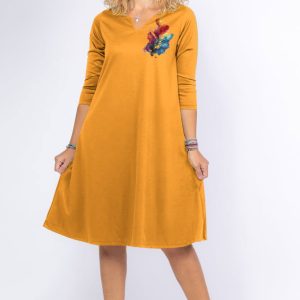 Rochie galben mustar  A line  midi, cu decolteu traditional si imprimeu floare picturala