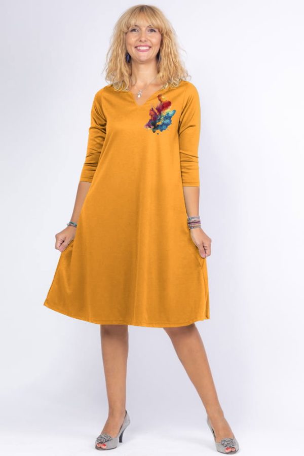 Rochie galben mustar  A line  midi, cu decolteu traditional si imprimeu floare picturala
