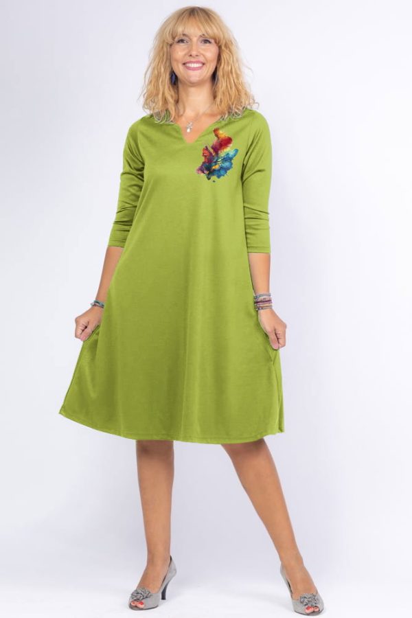 Rochie verde oliv  A line  midi, cu decolteu traditional si imprimeu floare picturala