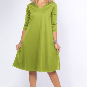 Rochie uni verde deschis  A line  midi, cu decolteu traditional