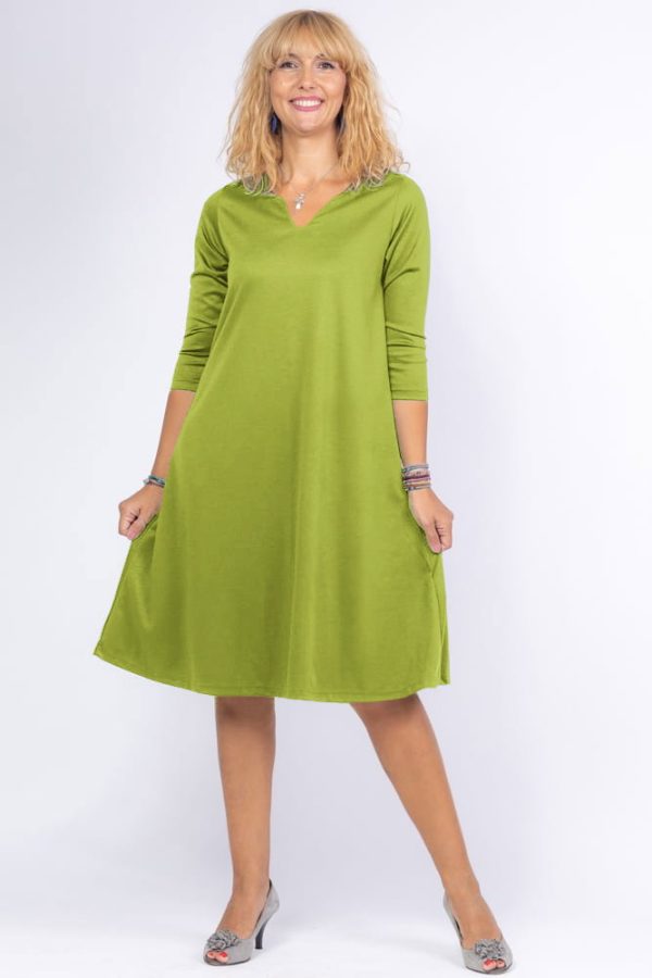 Rochie uni verde deschis  A line  midi, cu decolteu traditional