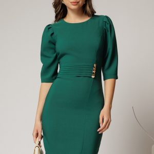 Rochie DY Fashion verde conica cu nasturi aurii pe talie