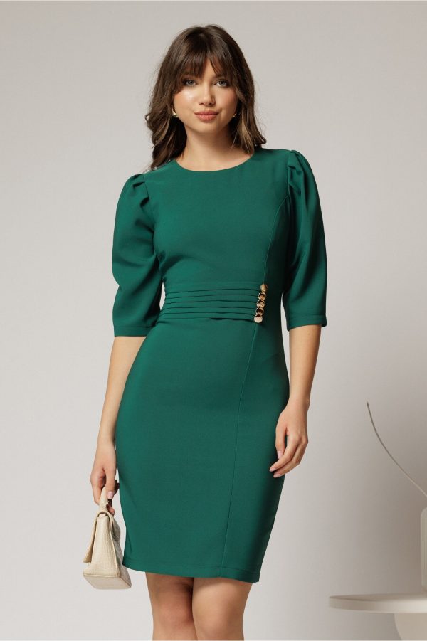 rochie-verde-cu-nasturi-talie-1438933-1141810-4.jpeg Rochie DY Fashion verde conica cu nasturi aurii pe talie