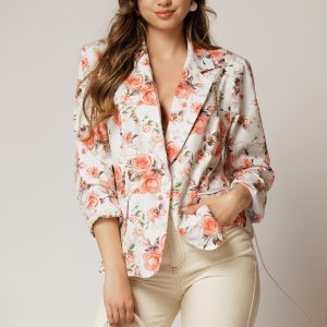 Sacou dama alb cu imprimeu floral oranj