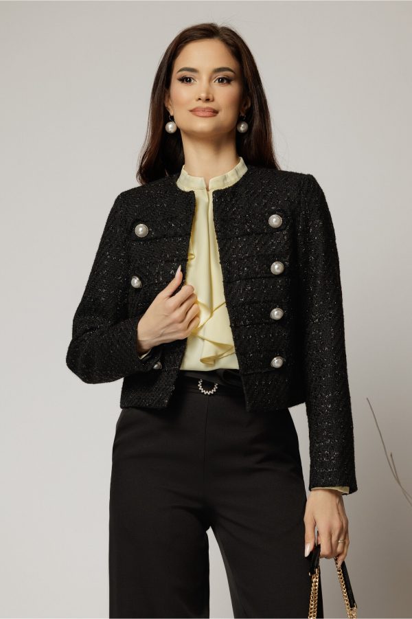 Sacou DY Fashion negru din tweed si nasturi decorativi