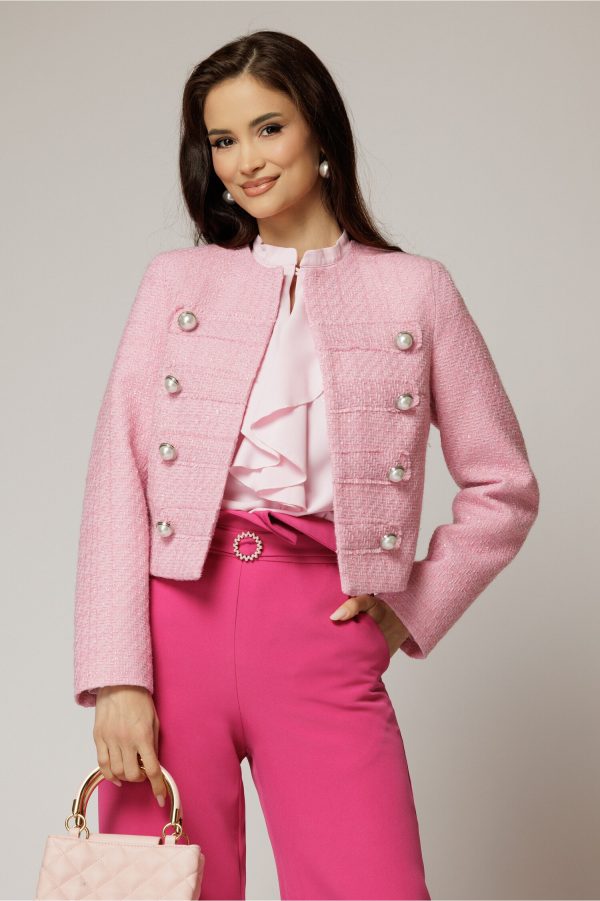 Sacou DY Fashion roz din tweed si nasturi decorativi