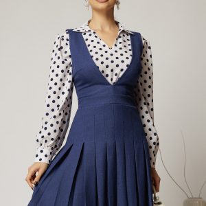 Sarafan DY Fashion albastru din stofa cu pliuri si decolteu adanc