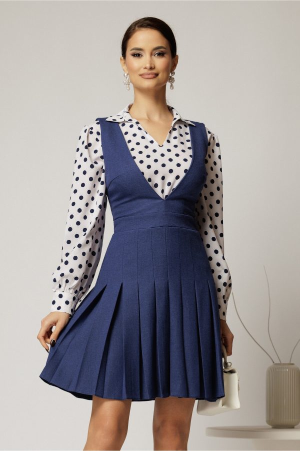Sarafan DY Fashion albastru din stofa cu pliuri si decolteu adanc