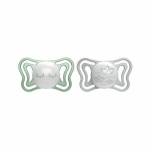 Set 2 suzete bebelusi, Chicco, Physio Light Glow, Ortodontice, Silicon moale, Extra ventilate, Fosforescente, Fara BPA, 16-36 luni, Verde/Gri