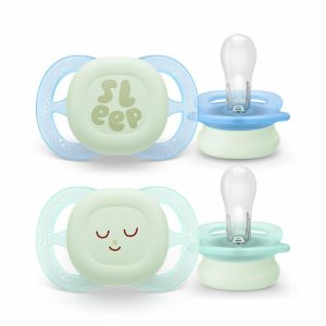 Set 2 suzete bebelusi, Philips Avent, Ultra Start, Ortodontice, Silicon moale, Usoare, Fara inel si fara BPA, Fosforescente, Fara BPA, 0-2 luni, Cu model, Verde/Albastru