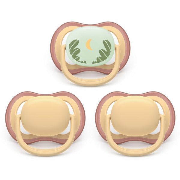 Set 3 suzete bebelusi, Philips Avent, Ultra Air Day & Night, Ortodontice, Silicon moale, Ventilate, Senzatie naturala, Fara BPA, 0-6 luni, Bej/Luna
